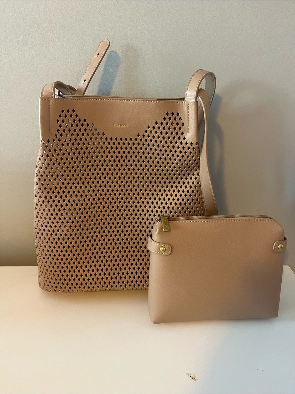 Perforated Taupe Crossbody Tote with Pouch